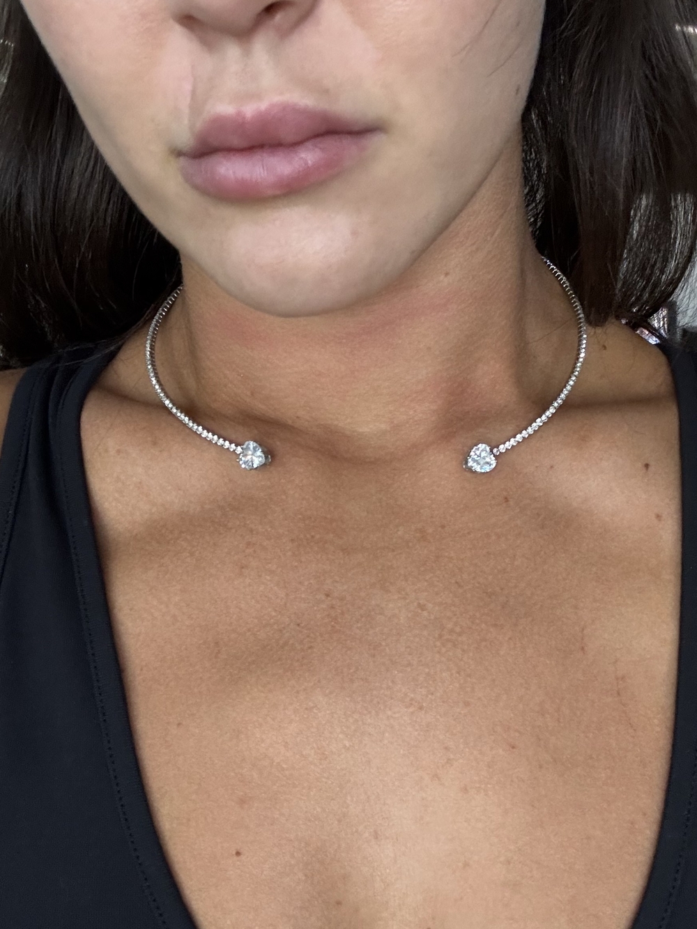 Silver Open Choker Necklace with Heart Stones - Silver